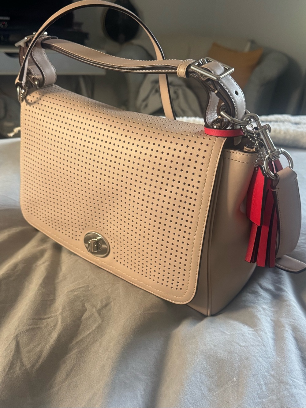 Coach Perforated Leather Shoulder Bag in Tan with Red Tassel